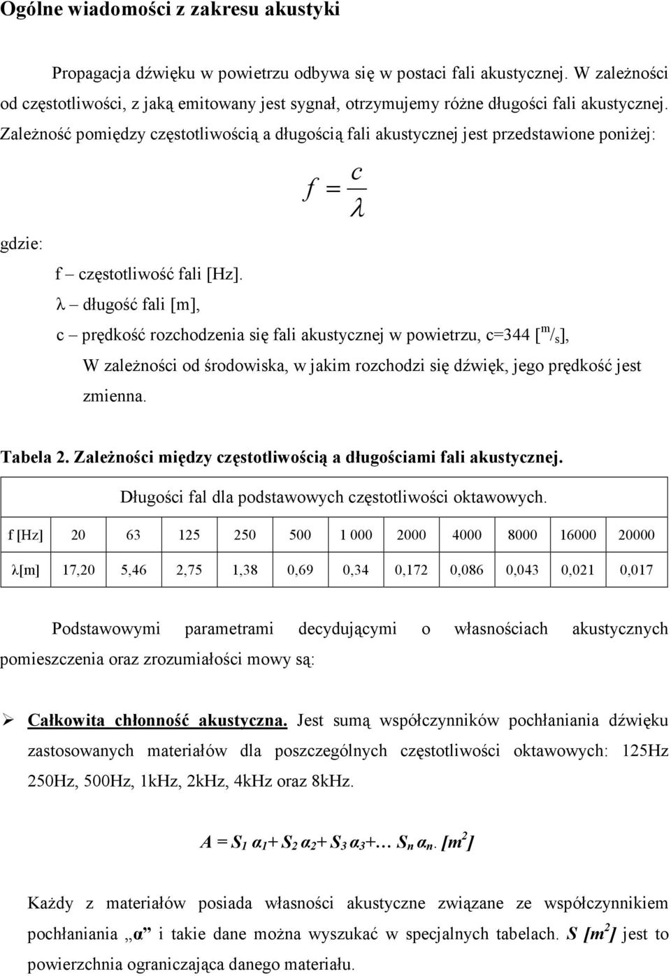 Zależność pomiędzy częstotliwością a długością fali akustycznej jest przedstawione poniżej: gdzie: f częstotliwość fali [Hz].