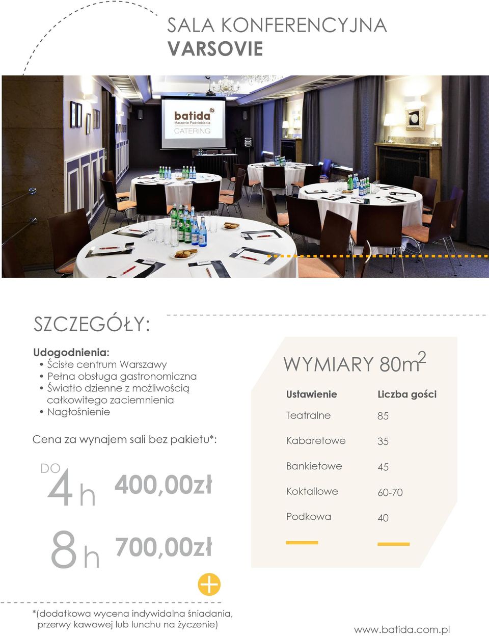 85 Cena za wynajem sali bez pakietu*: Kabaretowe 35 DO 4 h 400,00zł Bankietowe Koktailowe Podkowa