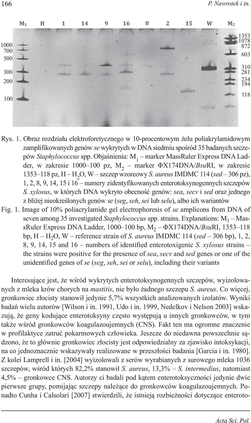 aureus IMDMC 114 (sed 306 pz), 1, 2, 8, 9, 14, 15 i 16 numery zidentyfikowanych enterotoksynogennych szczepów S.