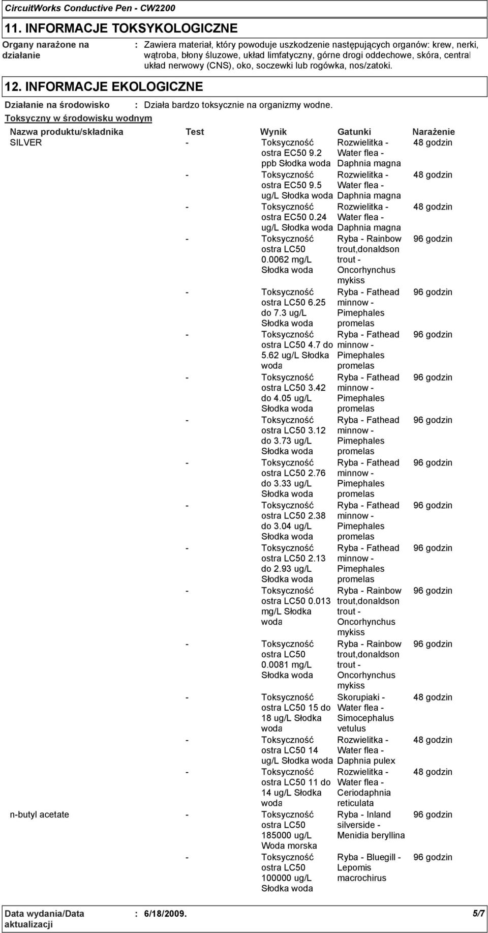 górne drogi oddechowe, skóra, central układ nerwowy (CNS), oko, soczewki lub rogówka, nos/zatoki. Działa bardzo toksycznie na organizmy wodne.