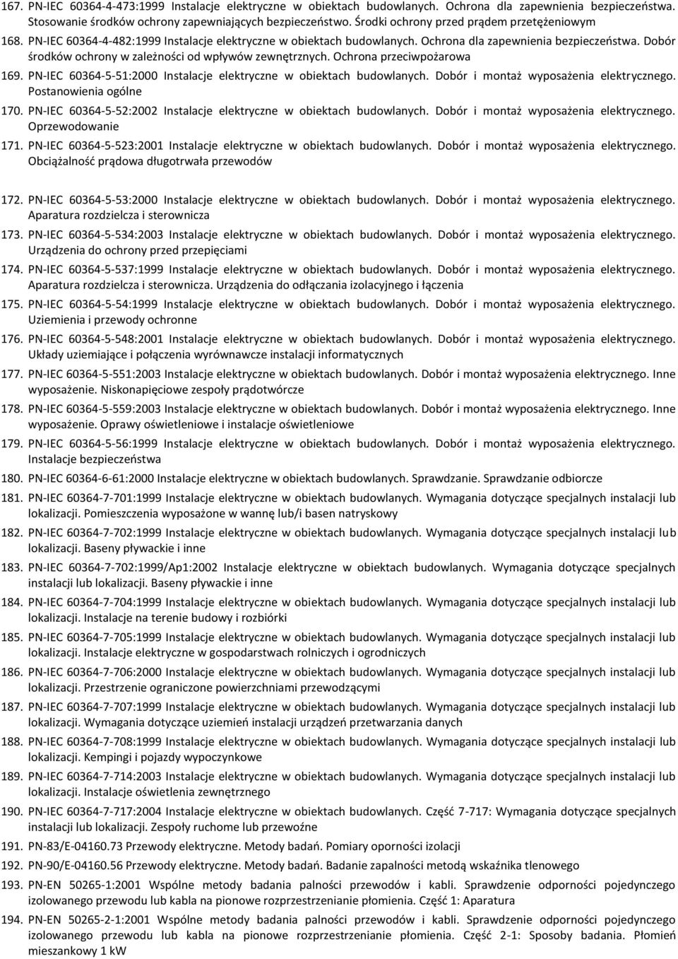 Dobór środków ochrony w zależności od wpływów zewnętrznych. Ochrona przeciwpożarowa 169. PN-IEC 60364-5-51:2000 Instalacje elektryczne w obiektach budowlanych.