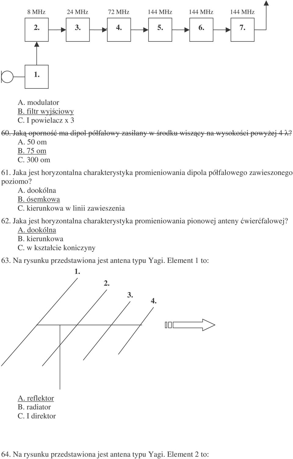 Jaka jest horyzontalna charakterystyka promieniowania dipola półfalowego zawieszonego poziomo? A. dookólna B. ósemkowa C. kierunkowa w linii zawieszenia 62.