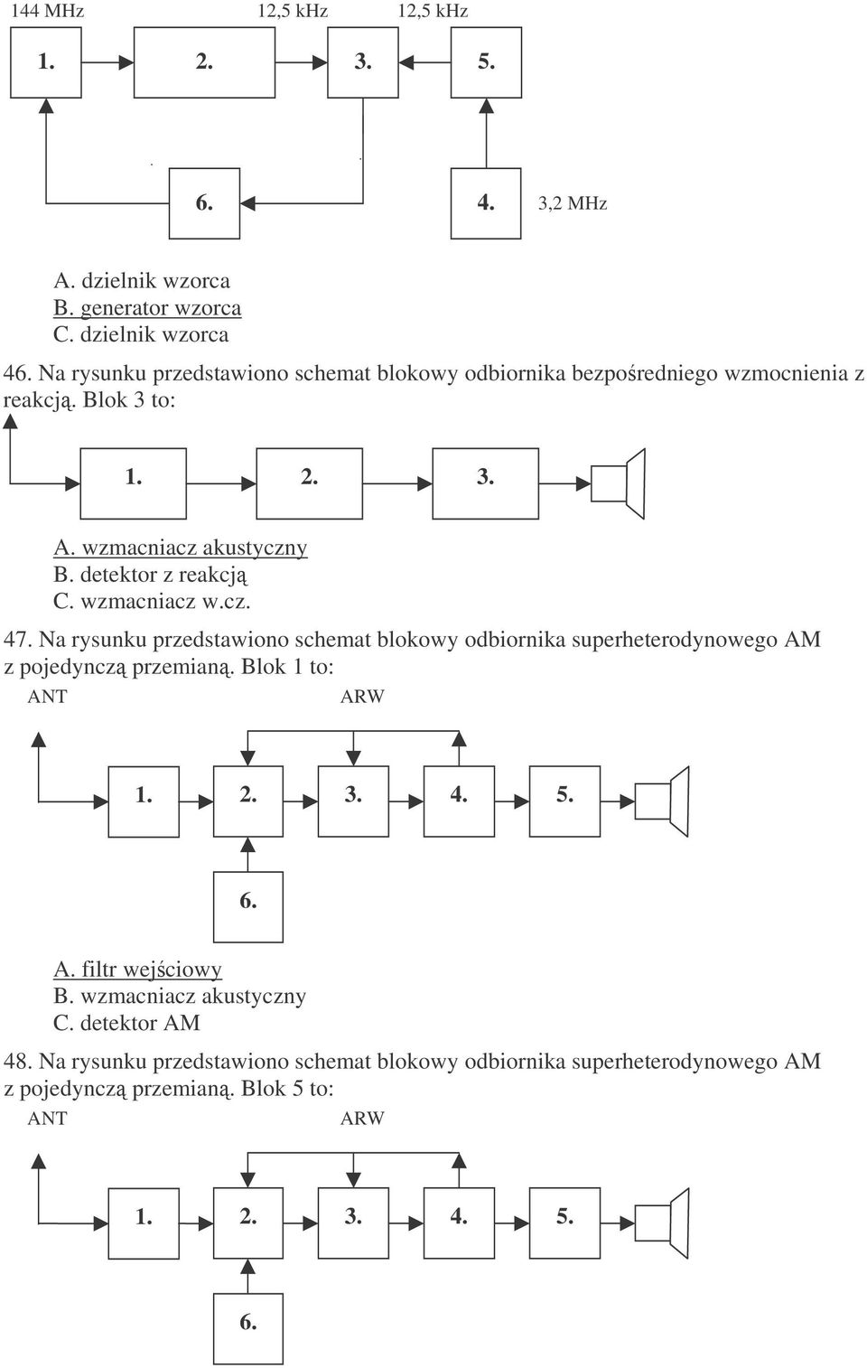 wzmacniacz w.cz. 47. Na rysunku przedstawiono schemat blokowy odbiornika superheterodynowego AM z pojedyncz przemian. Blok 1 to: ANT ARW 1. 2. 3. 4. 5. 6.