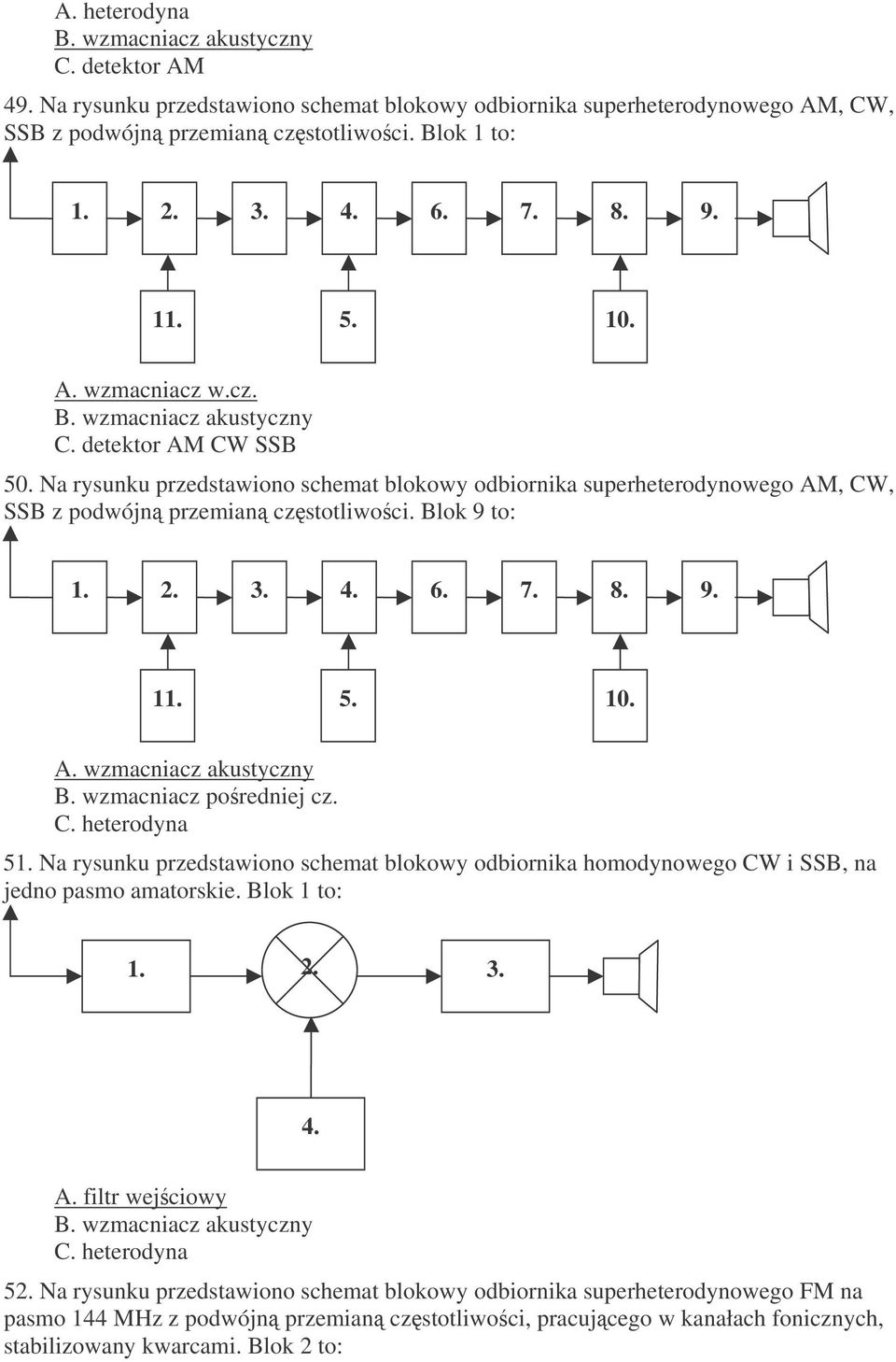 Na rysunku przedstawiono schemat blokowy odbiornika superheterodynowego AM, CW, SSB z podwójn przemian czstotliwoci. Blok 9 to: 1. 2. 3. 4. 6. 7. 8. 9. 11. 5. 10. A. wzmacniacz akustyczny B.