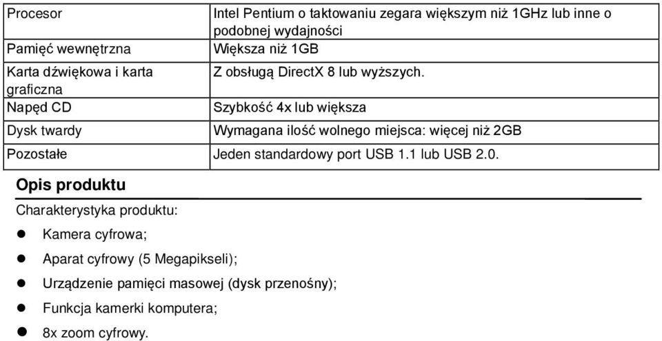 graficzna Napęd CD Szybkość 4x lub większa Dysk twardy Wymagana ilość wolnego miejsca: więcej niż 2GB Pozostałe Jeden