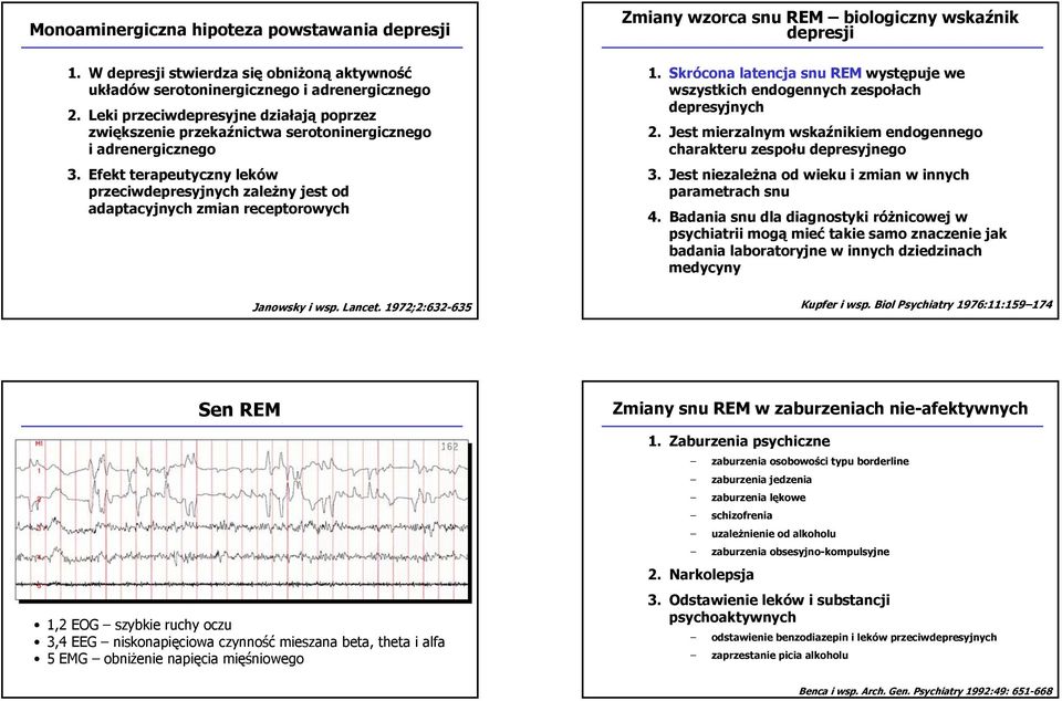 Efekt terapeutyczny leków przeciwdepresyjnych zależny jest od adaptacyjnych zmian receptorowych Zmiany wzorca snu REM biologiczny wskaźnik depresji 1.