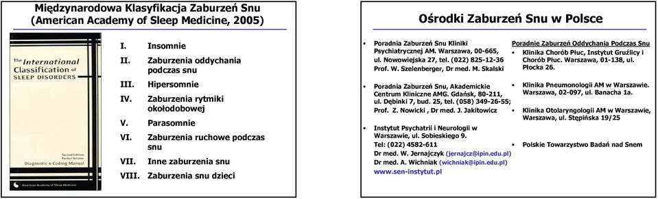 Warszawa, 00-665, ul. Nowowiejska 27, tel. (022) 825-12-36 Prof. W. Szelenberger, Dr med. M. Skalski Poradnie Zaburzeń Oddychania Podczas Snu Klinika Chorób Płuc, Instytut Gruźlicy i Chorób Płuc.