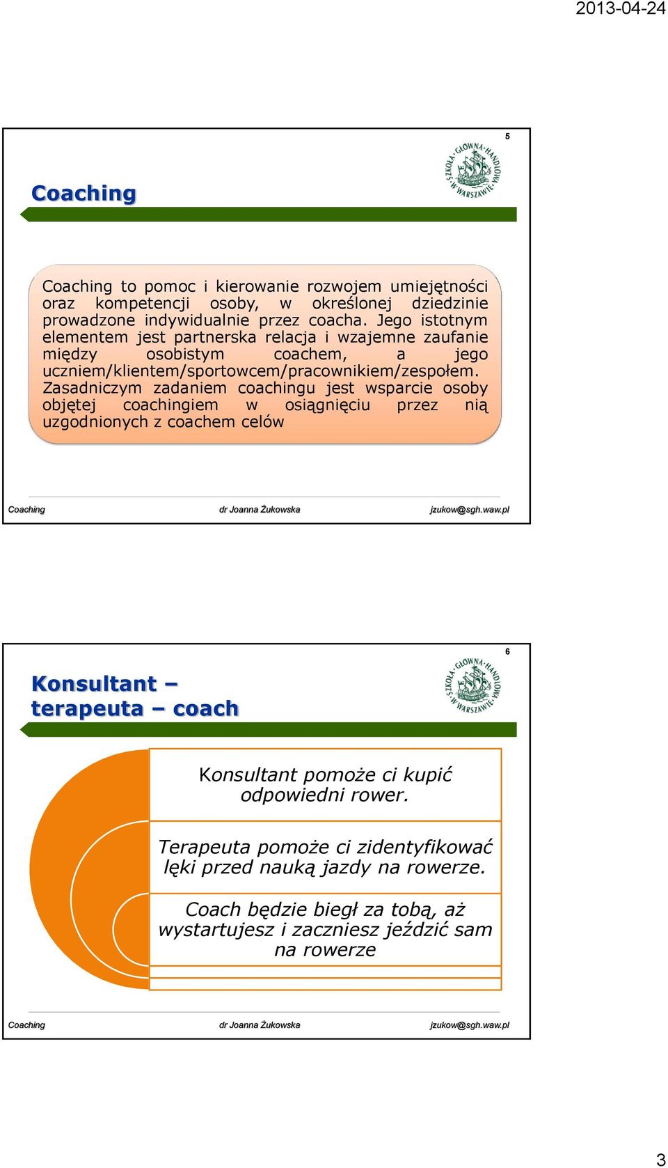 Zasadniczym zadaniem coachingu jest wsparcie osoby objętej coachingiem w osiągnięciu przez nią uzgodnionych z coachem celów Konsultant terapeuta coach 6