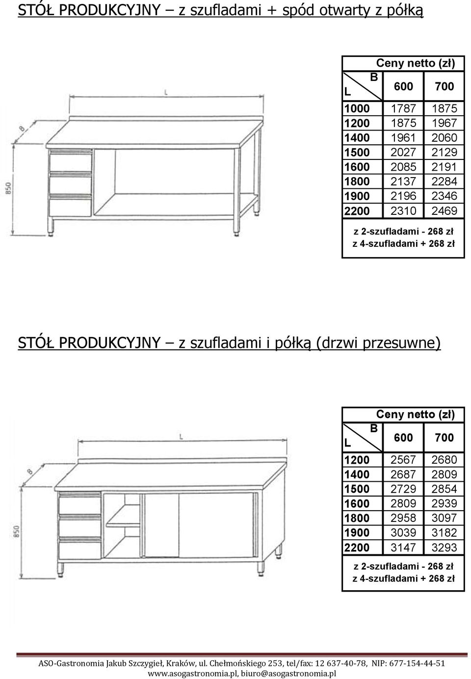 268 zł STÓŁ PRODUKCYJNY z szufladami i półką (drzwi przesuwne) 1200 2567 2680 1400 2687 2809 1500 2729 2854