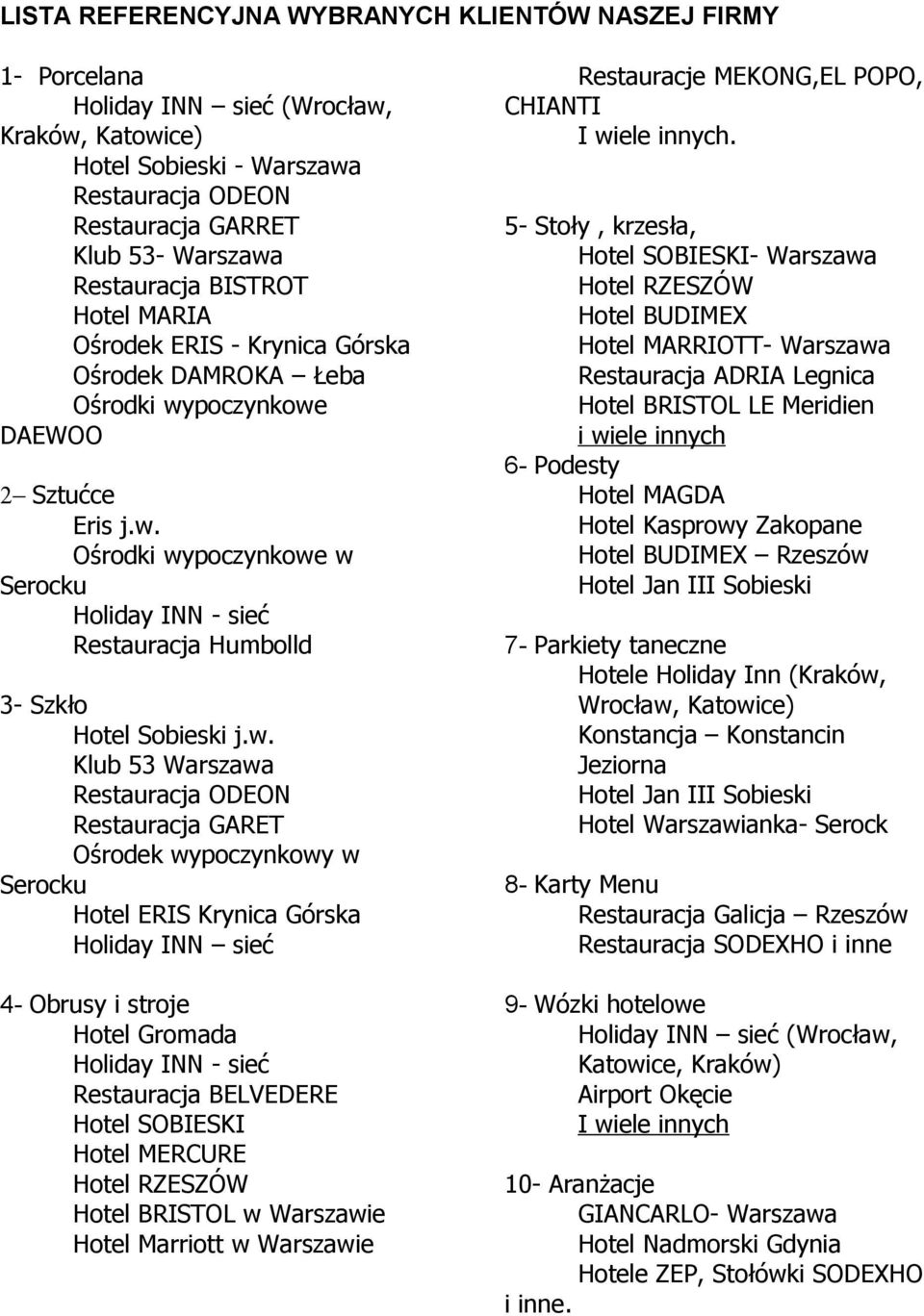 w. Klub 53 Warszawa Restauracja ODEON Restauracja GARET Ośrodek wypoczynkowy w Serocku Hotel ERIS Krynica Górska Holiday INN sieć 4- Obrusy i stroje Hotel Gromada Holiday INN - sieć Restauracja