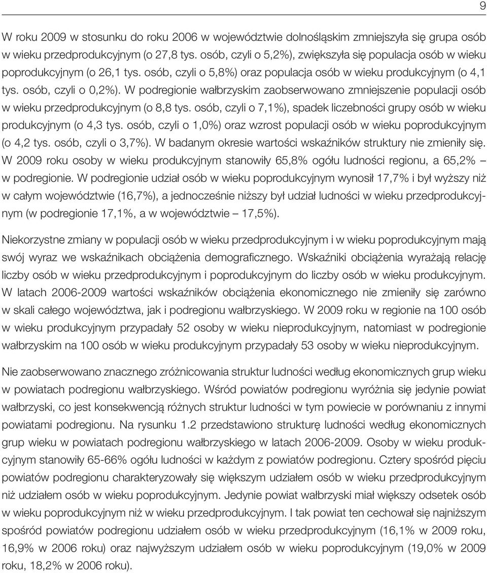 W podregionie wałbrzyskim zaobserwowano zmniejszenie populacji osób w wieku przedprodukcyjnym (o 8,8 tys. osób, czyli o 7,1%), spadek liczebności grupy osób w wieku produkcyjnym (o 4,3 tys.