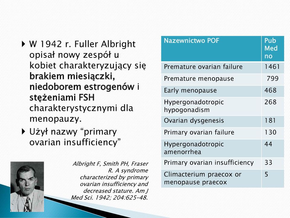 Użył nazwy primary ovarian insufficiency Albright F, Smith PH, Fraser R. A syndrome characterized by primary ovarian insufficiency and decreased stature.