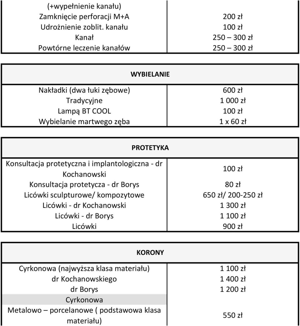 martwego zęba 600 zł 1 000 zł 1 x PROTETYKA Konsultacja protetyczna i implantologiczna - dr Kochanowski Konsultacja protetycza -