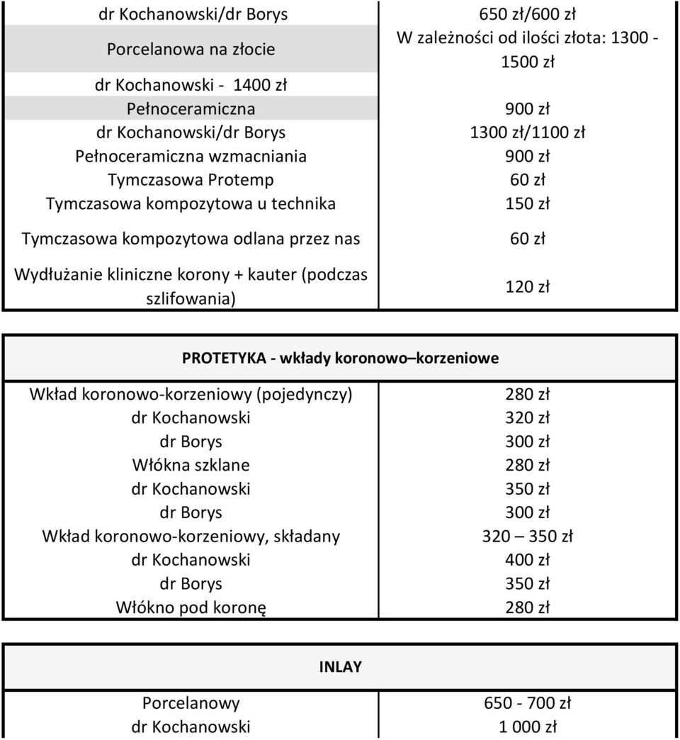 od ilości złota: 1300-1500 zł 900 zł 1/1 900 zł 1 PROTETYKA - wkłady koronowo korzeniowe Wkład koronowo-korzeniowy (pojedynczy)