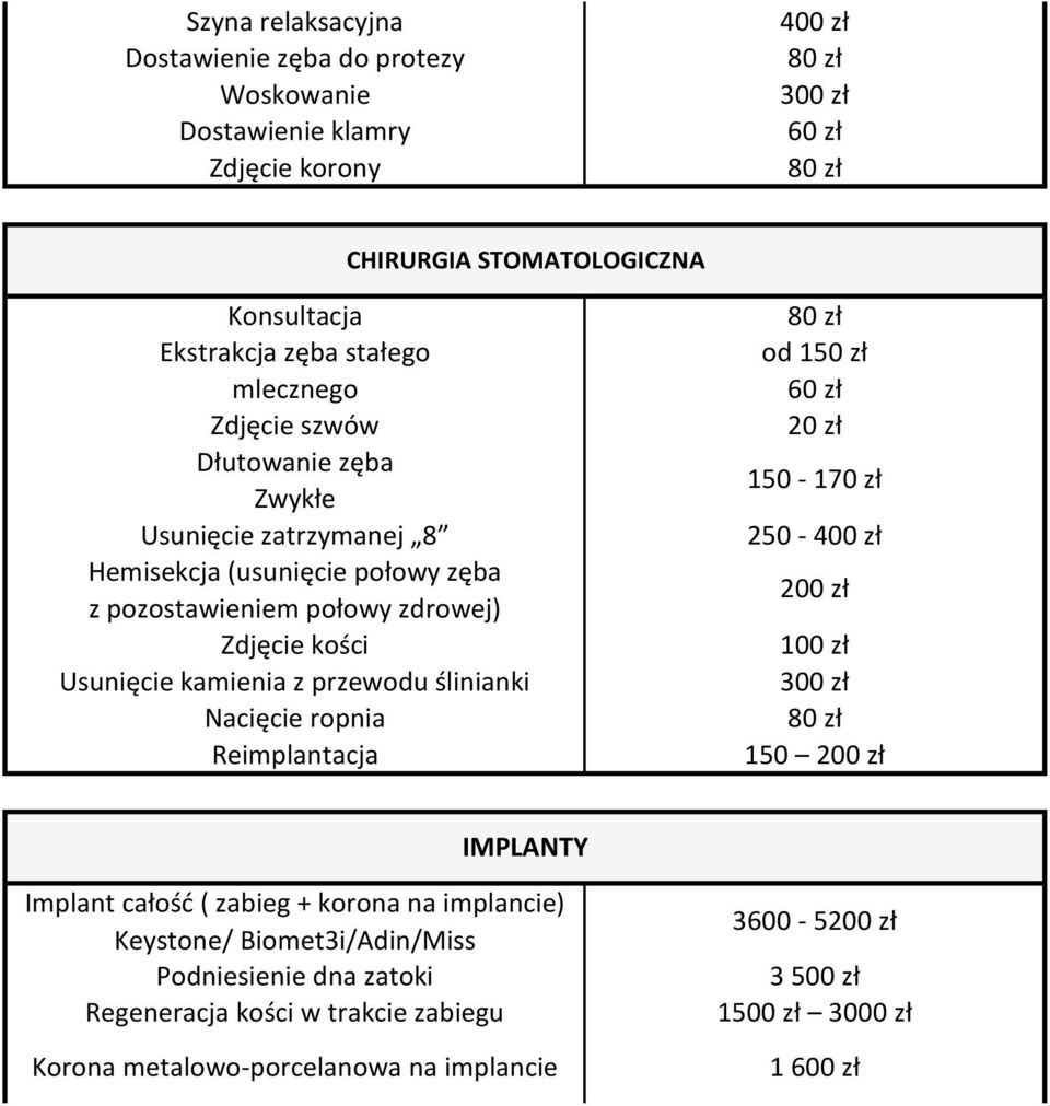 kamienia z przewodu ślinianki Nacięcie ropnia Reimplantacja od 1 20 zł 150-170 zł 250-400 zł 200 zł 150 200 zł IMPLANTY Implant całośd ( zabieg + korona na implancie)