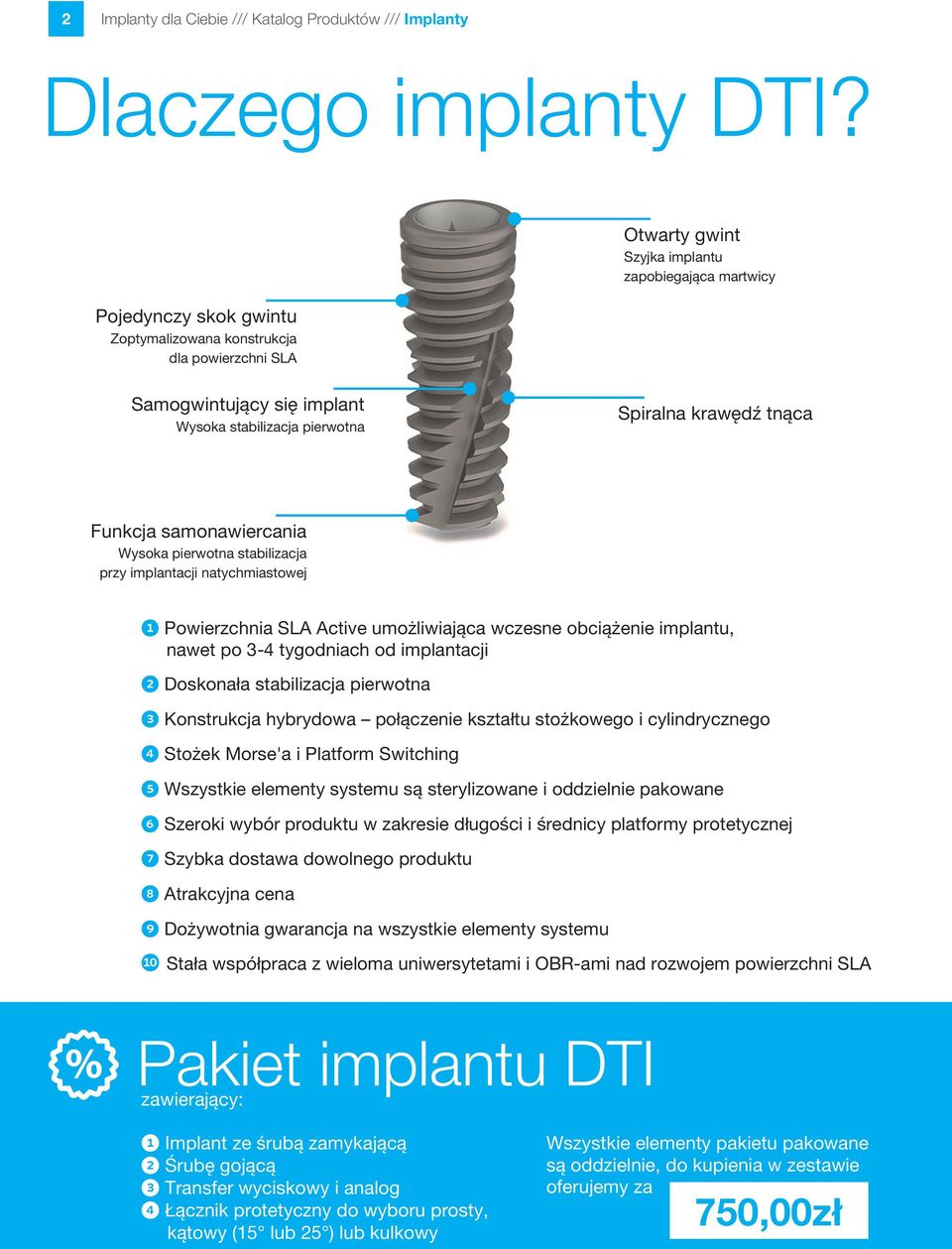 tnąca Funkcja samonawiercania Wysoka pierwotna stabilizacja przy implantacji natychmiastowej 1 Powierzchnia SA Active umożliwiająca wczesne obciążenie implantu, nawet po -4 tygodniach od implantacji