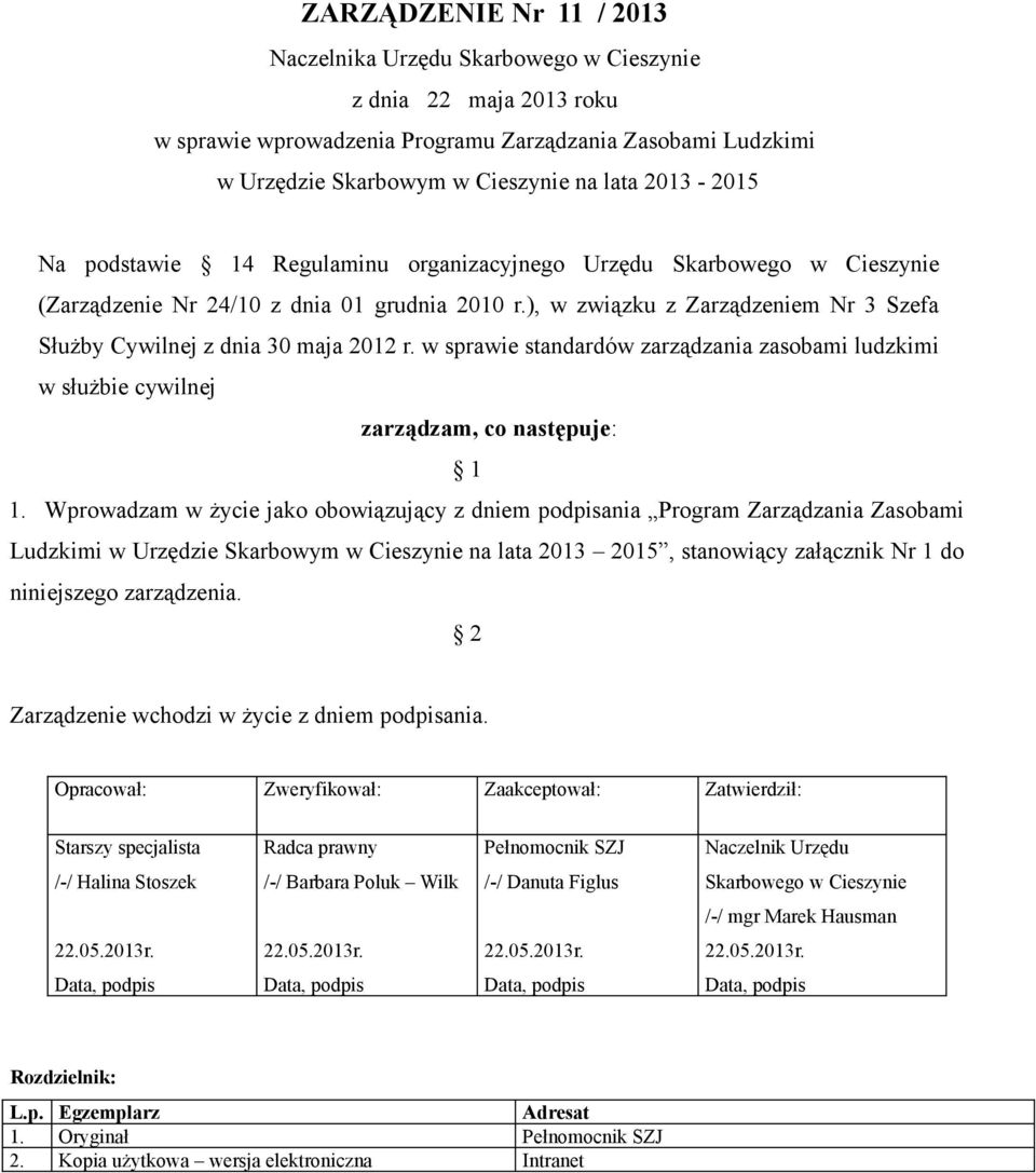 ), w związku z Zarządzeniem Nr 3 Szefa Służby Cywilnej z dnia 30 maja 2012 r. w sprawie standardów zarządzania zasobami ludzkimi w służbie cywilnej zarządzam, co następuje: 1 1.