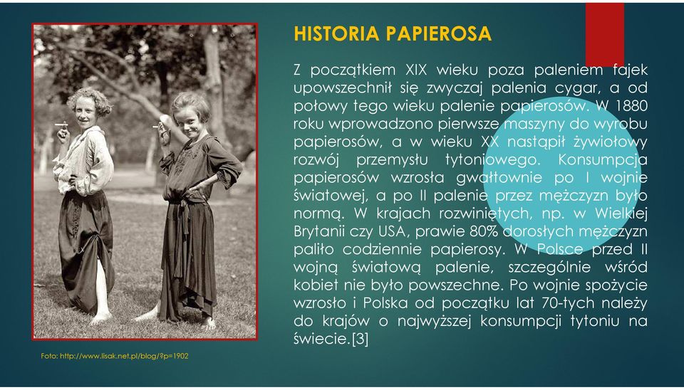 Konsumpcja papierosów wzrosła gwałtownie po I wojnie światowej, a po II palenie przez mężczyzn było normą. W krajach rozwiniętych, np.