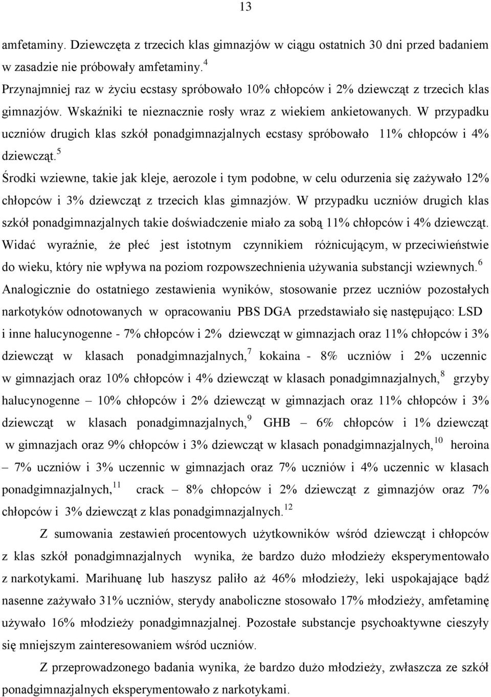 W przypadku uczniów drugich klas szkół ponadgimnazjalnych ecstasy spróbowało 11% chłopców i 4% dziewcząt.
