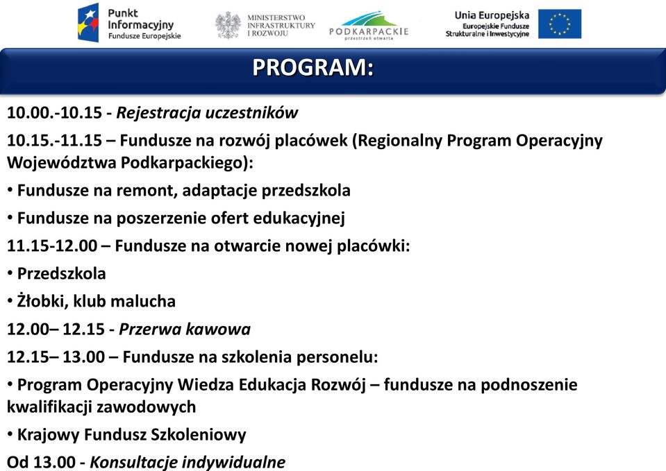 Fundusze na poszerzenie ofert edukacyjnej 11.15-12.00 Fundusze na otwarcie nowej placówki: Przedszkola Żłobki, klub malucha 12.00 12.