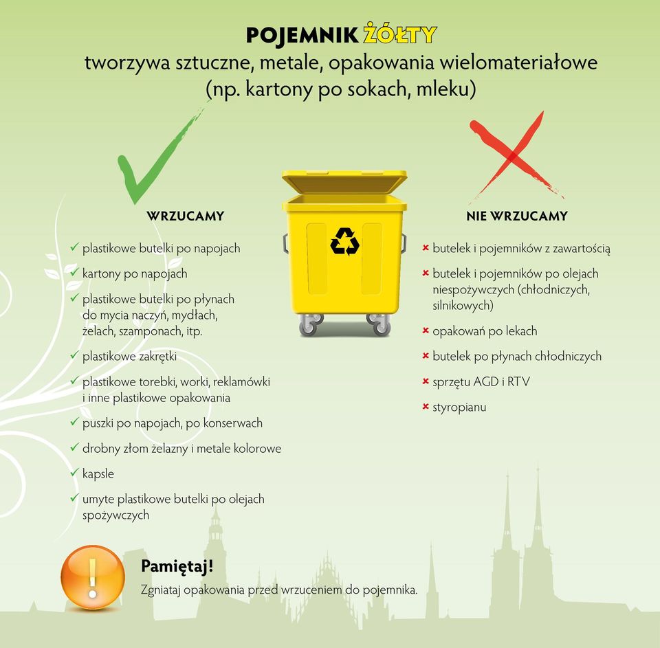 plastikowe zakrętki plastikowe torebki, worki, reklamówki i inne plastikowe opakowania puszki po napojach, po konserwach NIE WRZUCAMY butelek i pojemników z zawartością butelek i