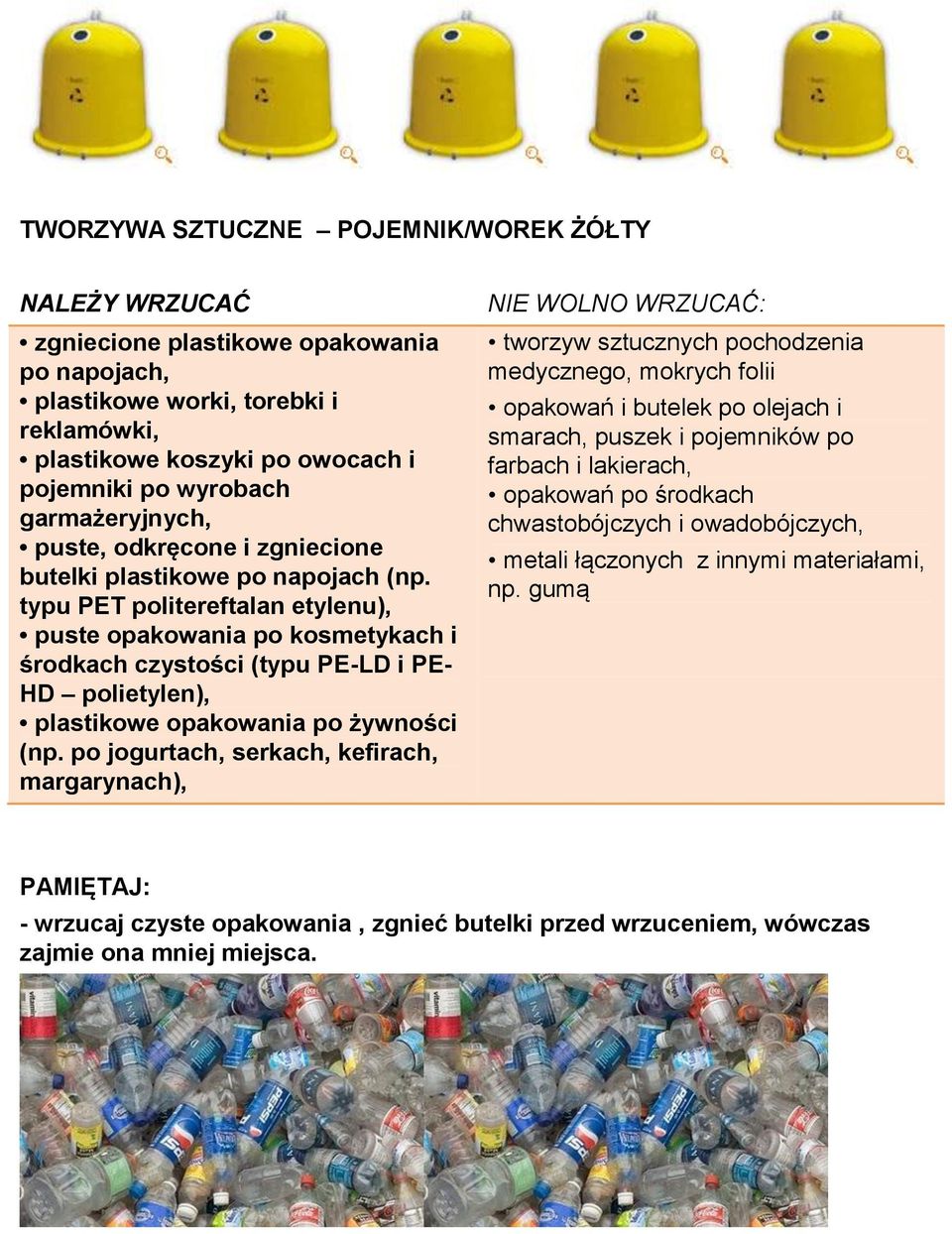 typu PET politereftalan etylenu), puste opakowania po kosmetykach i środkach czystości (typu PE-LD i PE- HD polietylen), plastikowe opakowania po żywności (np.