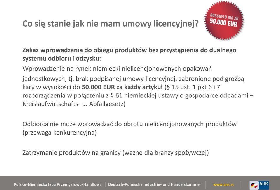 opakowań jednostkowych, tj. brak podpisanej umowy licencyjnej, zabronione pod groźbą kary w wysokości do 50.000 EUR za każdy artykuł ( 15 ust.