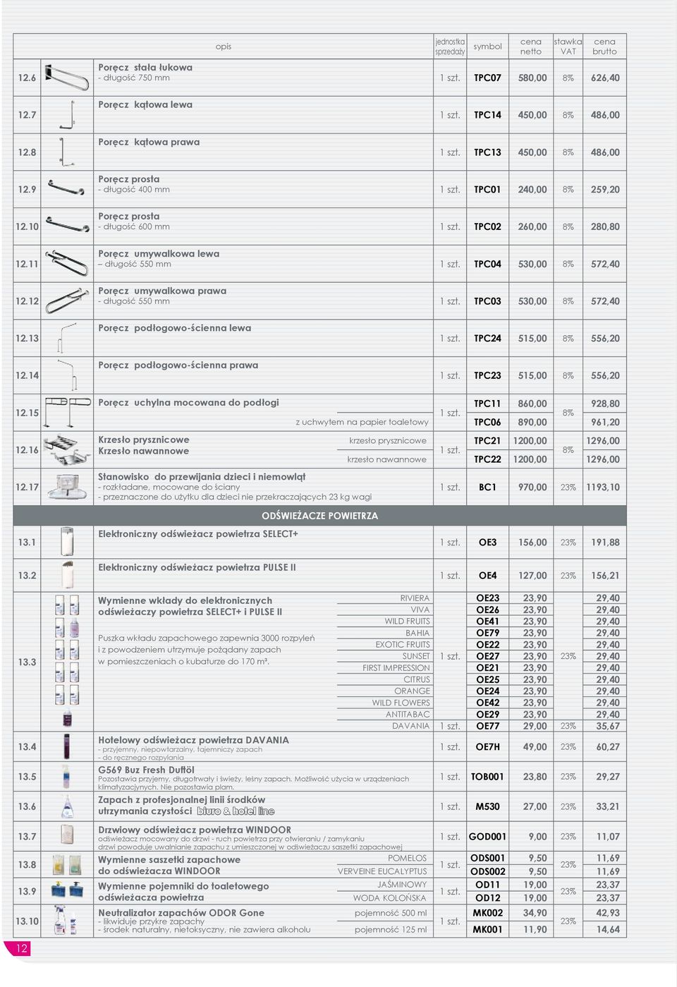 12 Poręcz umywalkowa prawa - długość 550 mm TPC03 530,00 8% 572,40 12.13 Poręcz podłogowo-ścienna lewa TPC24 515,00 8% 556,20 12.14 Poręcz podłogowo-ścienna prawa TPC23 515,00 8% 556,20 12.15 12.