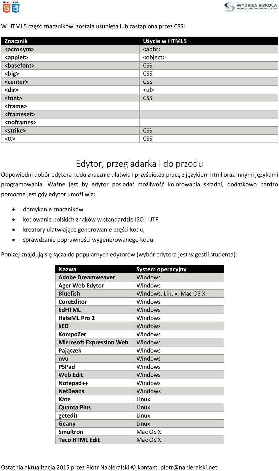 Ważne jest by edytor posiadał możliwość kolorowania składni, dodatkowo bardzo pomocne jest gdy edytor umożliwia: domykanie znaczników, kodowanie polskich znaków w standardzie ISO i UTF, kreatory
