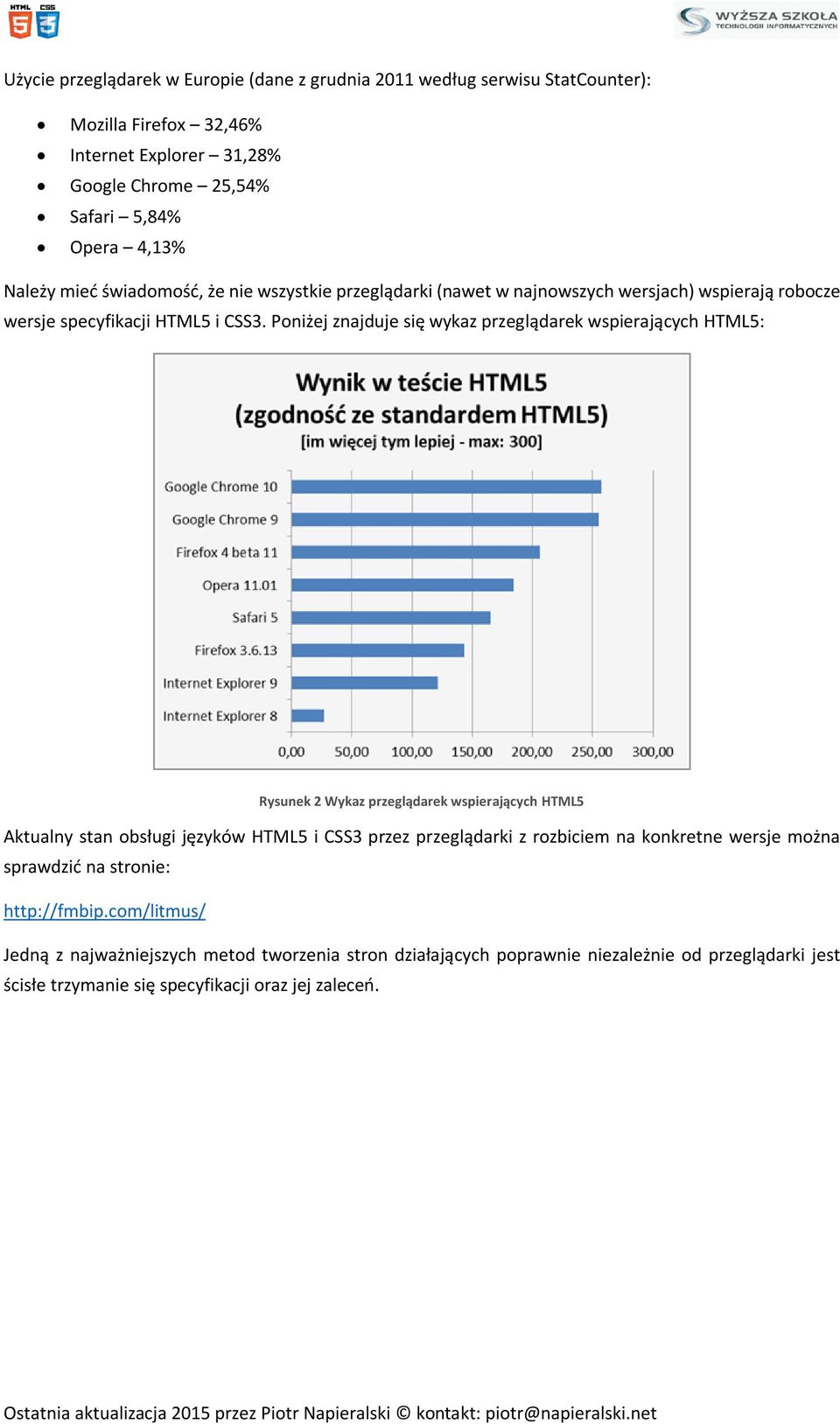 Poniżej znajduje się wykaz przeglądarek wspierających HTML5: Rysunek 2 Wykaz przeglądarek wspierających HTML5 Aktualny stan obsługi języków HTML5 i CSS3 przez przeglądarki z rozbiciem na konkretne