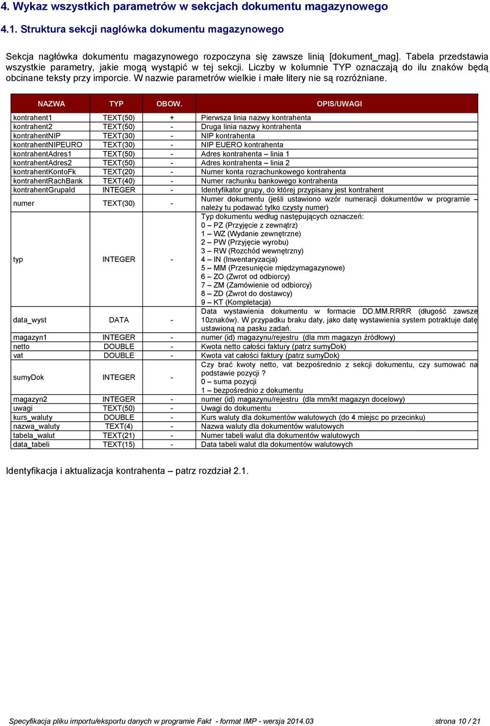 Tabela przedstawia wszystkie parametry, jakie mogą wystąpić w tej sekcji. Liczby w kolumnie TYP oznaczają do ilu znaków będą obcinane teksty przy imporcie.