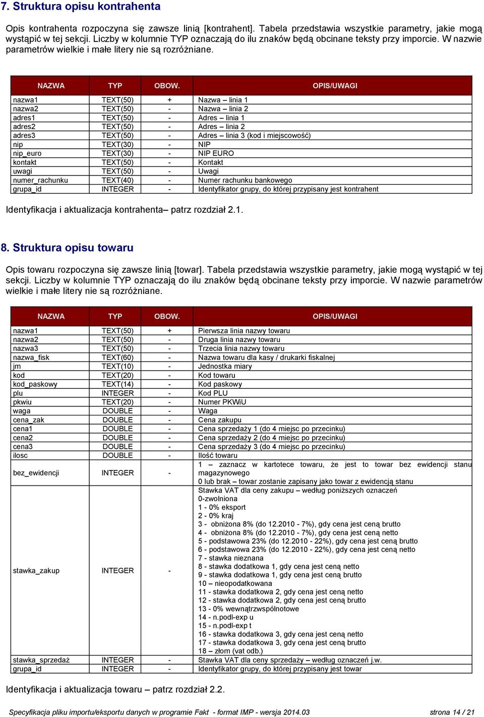 nazwa1 TEXT(50) + Nazwa linia 1 nazwa2 TEXT(50) - Nazwa linia 2 adres1 TEXT(50) - Adres linia 1 adres2 TEXT(50) - Adres linia 2 adres3 TEXT(50) - Adres linia 3 (kod i miejscowość) nip TEXT(30) - NIP