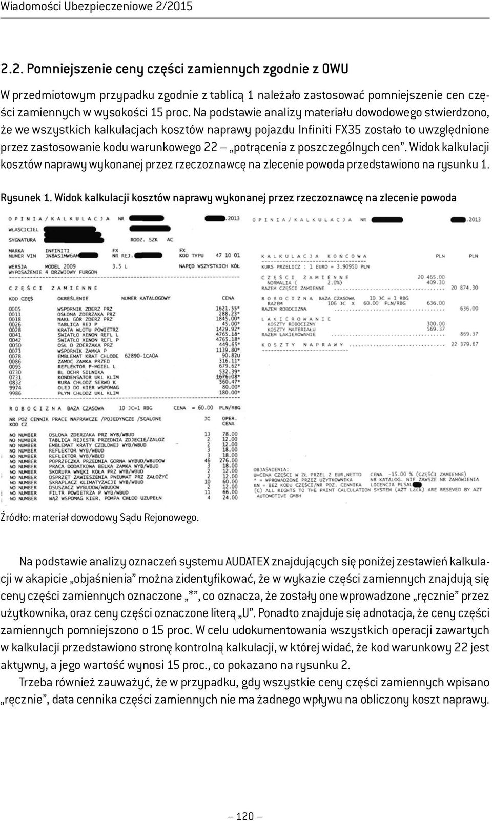 Na podstawie analizy materiału dowodowego stwierdzono, że we wszystkich kalkulacjach kosztów naprawy pojazdu Infiniti FX35 zostało to uwzględnione przez zastosowanie kodu warunkowego 22 potrącenia z