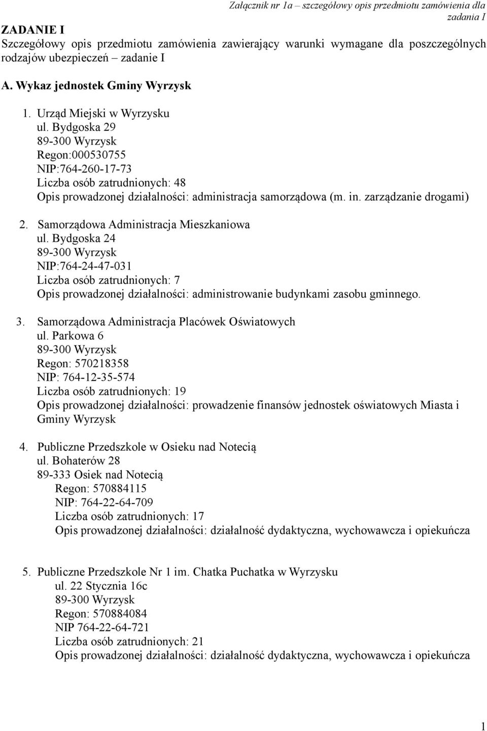 Bydgoska 29 89-300 Wyrzysk Regon:000530755 NIP:764-260-17-73 Liczba osób zatrudnionych: 48 Opis prowadzonej działalności: administracja samorządowa (m. in. zarządzanie drogami) 2.