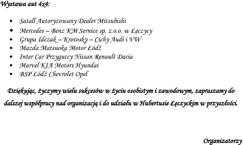 VW Mazda Matsuoka Motor Łódź Inter Car Przyguccy Nissan Renault Dacia Marvel KIA Motors Hyundai BSP Łódź