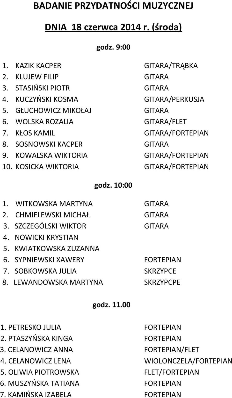 10:00 1. WITKOWSKA MARTYNA GITARA 2. CHMIELEWSKI MICHAŁ GITARA 3. SZCZEGÓLSKI WIKTOR GITARA 4. NOWICKI KRYSTIAN 5. KWIATKOWSKA ZUZANNA 6. SYPNIEWSKI XAWERY FORTEPIAN 7. SOBKOWSKA JULIA SKRZYPCE 8.