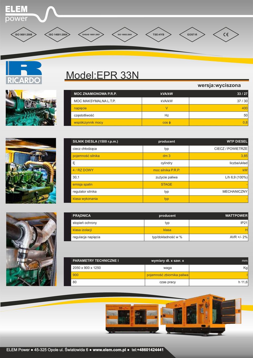 P.R.P. kw 30,1 zużycie pliw L/h 6,9 (100%) regultor silik typ