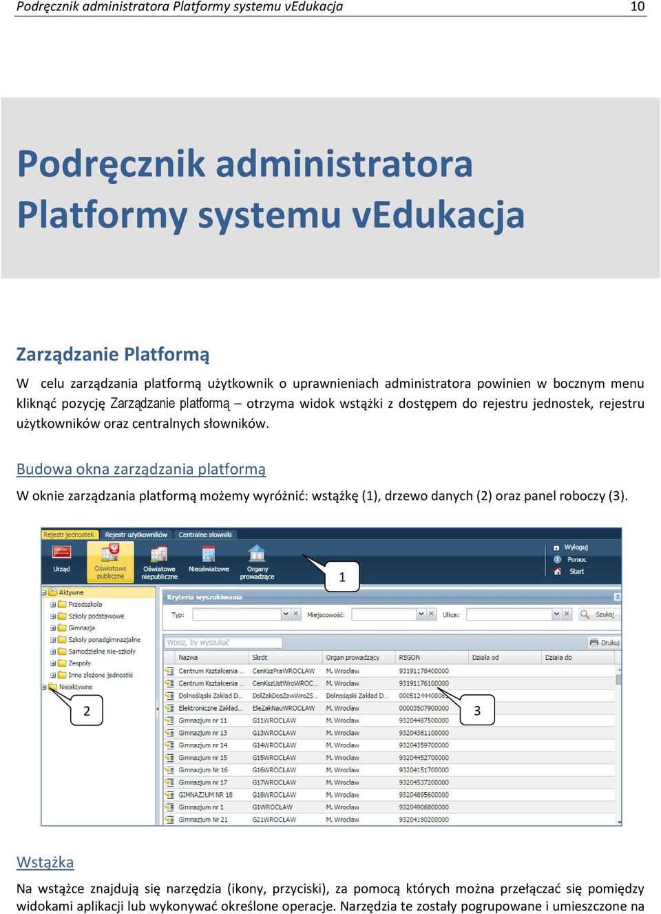 centralnych słowników. Budowa okna zarządzania platformą W oknie zarządzania platformą możemy wyróżnić: wstążkę (1), drzewo danych (2) oraz panel roboczy (3).