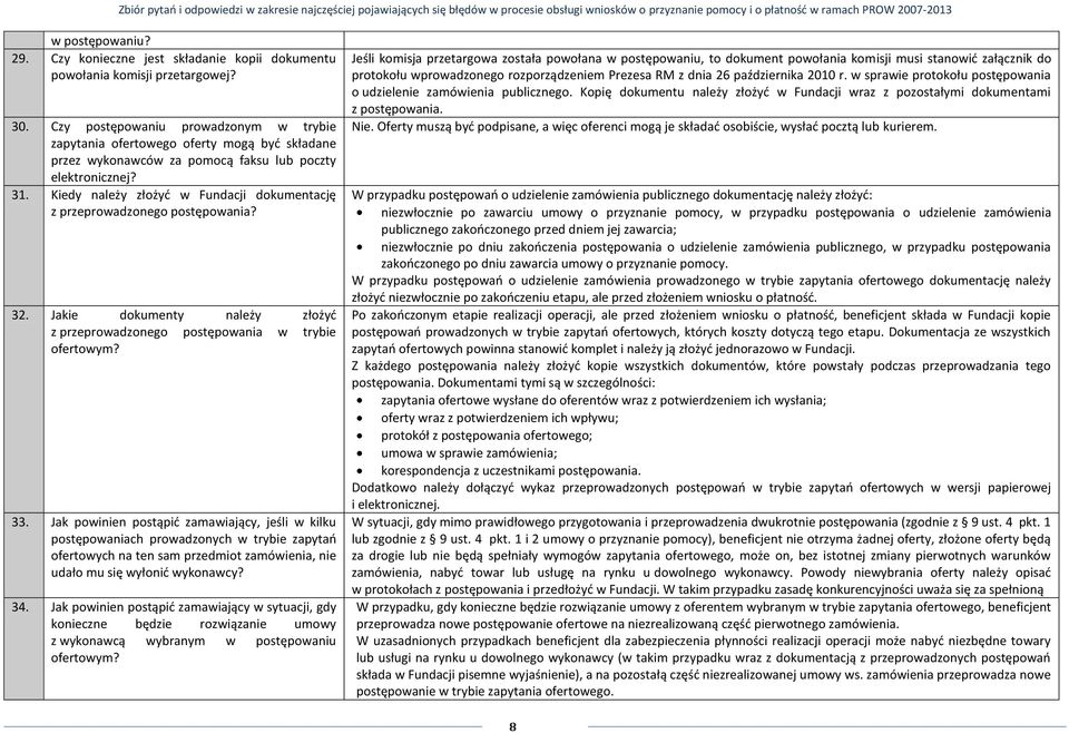 Kiedy należy złożyć w Fundacji dokumentację z przeprowadzonego postępowania? 32. Jakie dokumenty należy złożyć z przeprowadzonego postępowania w trybie ofertowym? 33.