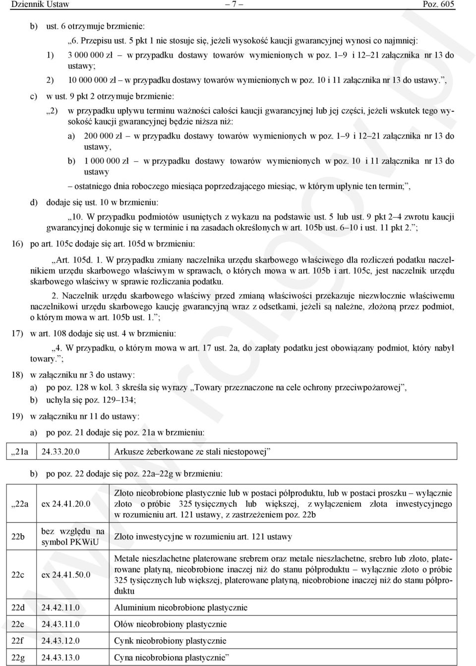 1 9 i 12 21 załącznika nr 13 do ustawy; 2) 10 000 000 zł w przypadku dostawy towarów wymienionych w poz. 10 i 11 załącznika nr 13 do ustawy., c) w ust.