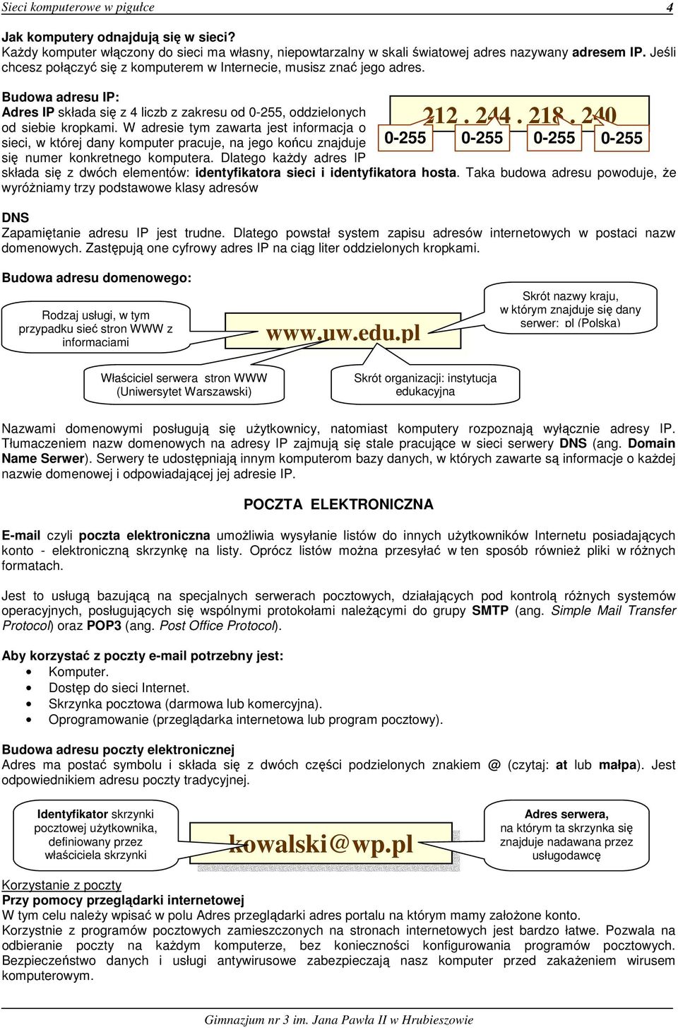 W adresie tym zawarta jest informacja o sieci, w której dany komputer pracuje, na jego końcu znajduje się numer konkretnego komputera. Dlatego każdy adres IP 212. 244. 218.