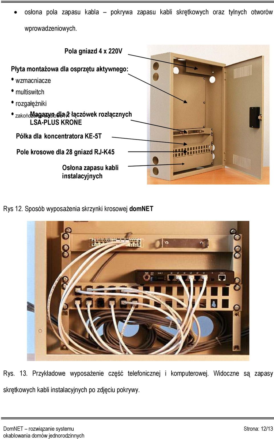 rozłącznych LSA-PLUS KRONE Półka dla koncentratora KE-5T Pole krosowe dla 28 gniazd RJ-K45 Osłona zapasu kabli instalacyjnych Rys 12.
