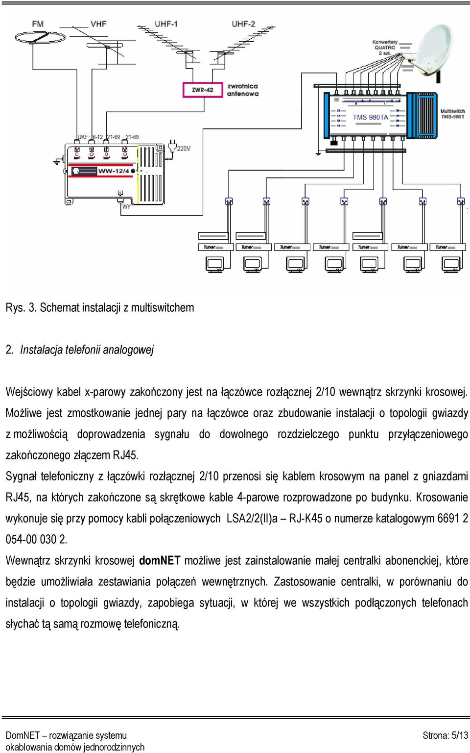 złączem RJ45. Sygnał telefoniczny z łączówki rozłącznej 2/10 przenosi się kablem krosowym na panel z gniazdami RJ45, na których zakończone są skrętkowe kable 4-parowe rozprowadzone po budynku.