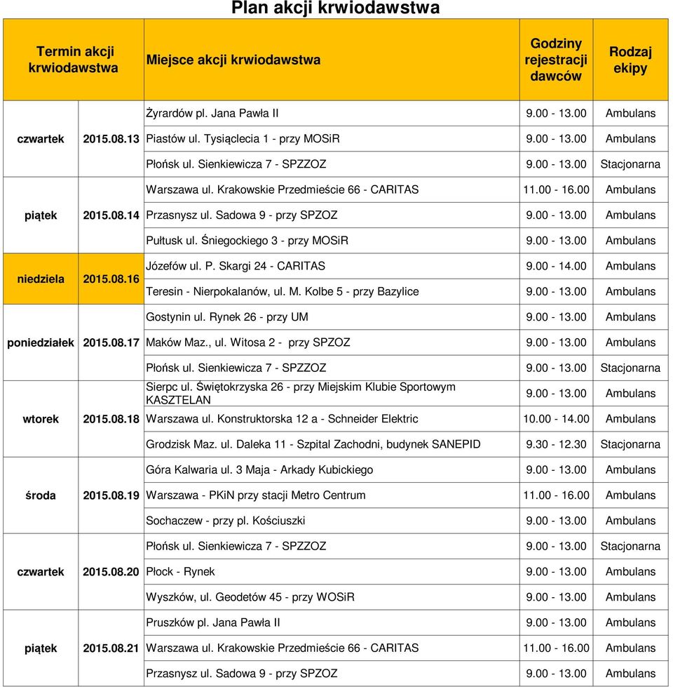 00 Teresin - Nierpokalanów, ul. M. Kolbe 5 - przy Bazylice 9.00-13.00 Gostynin ul. Rynek 26 - przy UM 9.00-13.00 Maków Maz., ul. Witosa 2 - przy SPZOZ 9.00-13.00 2015.08.18 9.00-13.00 Warszawa ul.