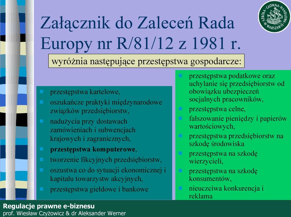 krajowych i zagranicznych, przestępstwa komputerowe, tworzenie fikcyjnych przedsiębiorstw, oszustwa co do sytuacji ekonomicznej i kapitału towarzystw akcyjnych, przestępstwa giełdowe i