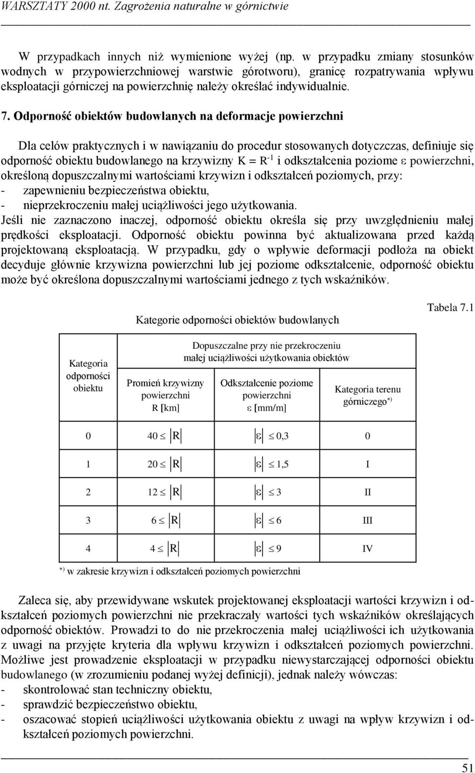Odporność obiektów budowlanych na deformacje powierzchni Dla celów praktycznych i w nawiązaniu do procedur stosowanych dotyczczas, definiuje się odporność obiektu budowlanego na krzywizny K = R -1 i