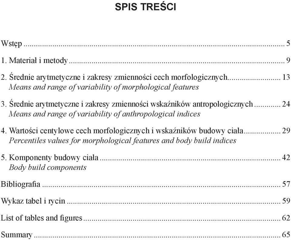 Means and range of variability of anthropological indices 4. Wartości centylowe cech morfologicznych i wskaźników budowy ciała... 29 4.