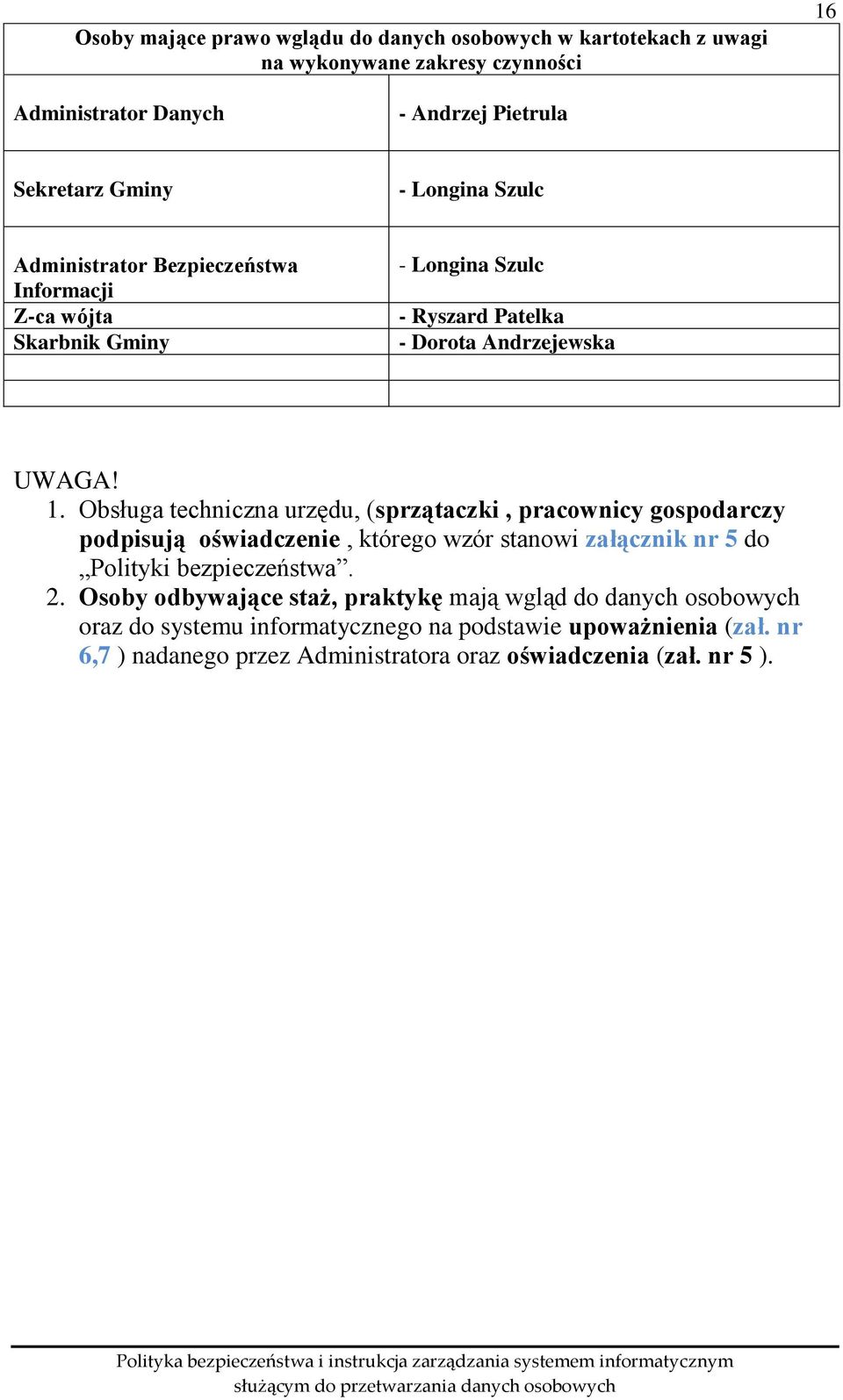 Obsługa techniczna urzędu, (sprzątaczki, pracownicy gospodarczy podpisują oświadczenie, którego wzór stanowi załącznik nr 5 do Polityki bezpieczeństwa. 2.