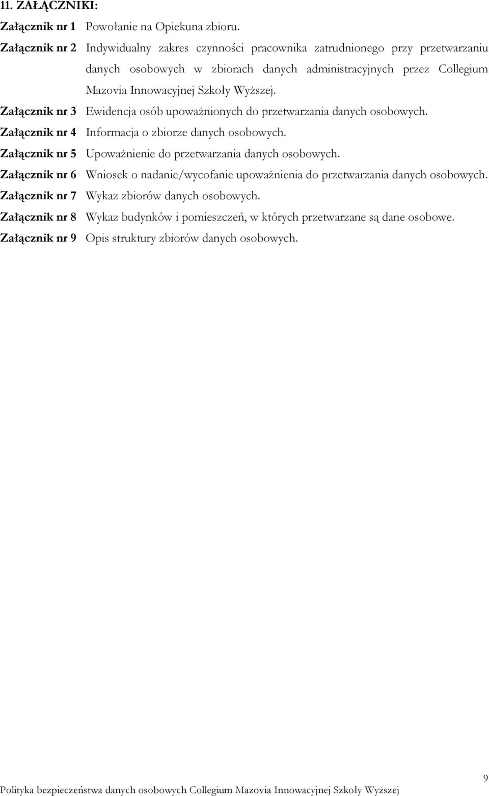 Szkoły Wyższej. Załącznik nr 3 Ewidencja osób upoważnionych do przetwarzania danych osobowych. Załącznik nr 4 Informacja o zbiorze danych osobowych.