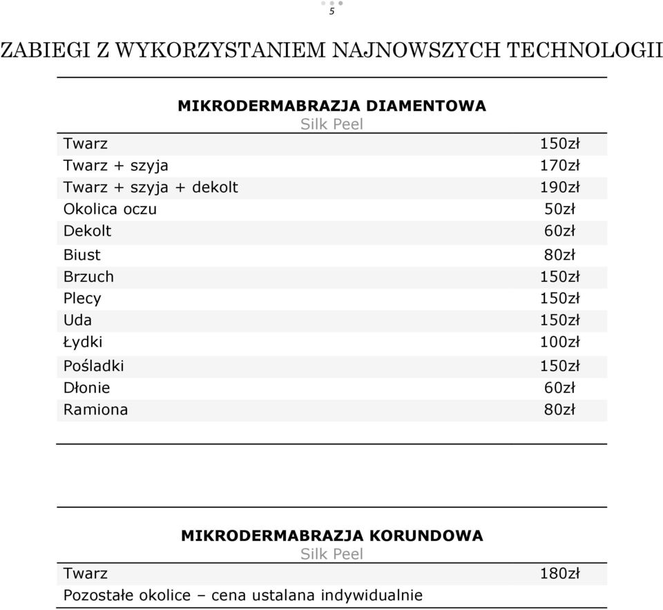 MIKRODERMABRAZJA DIAMENTOWA Silk Peel 170zł 190zł 50zł 60zł 80zł 100zł 60zł 80zł